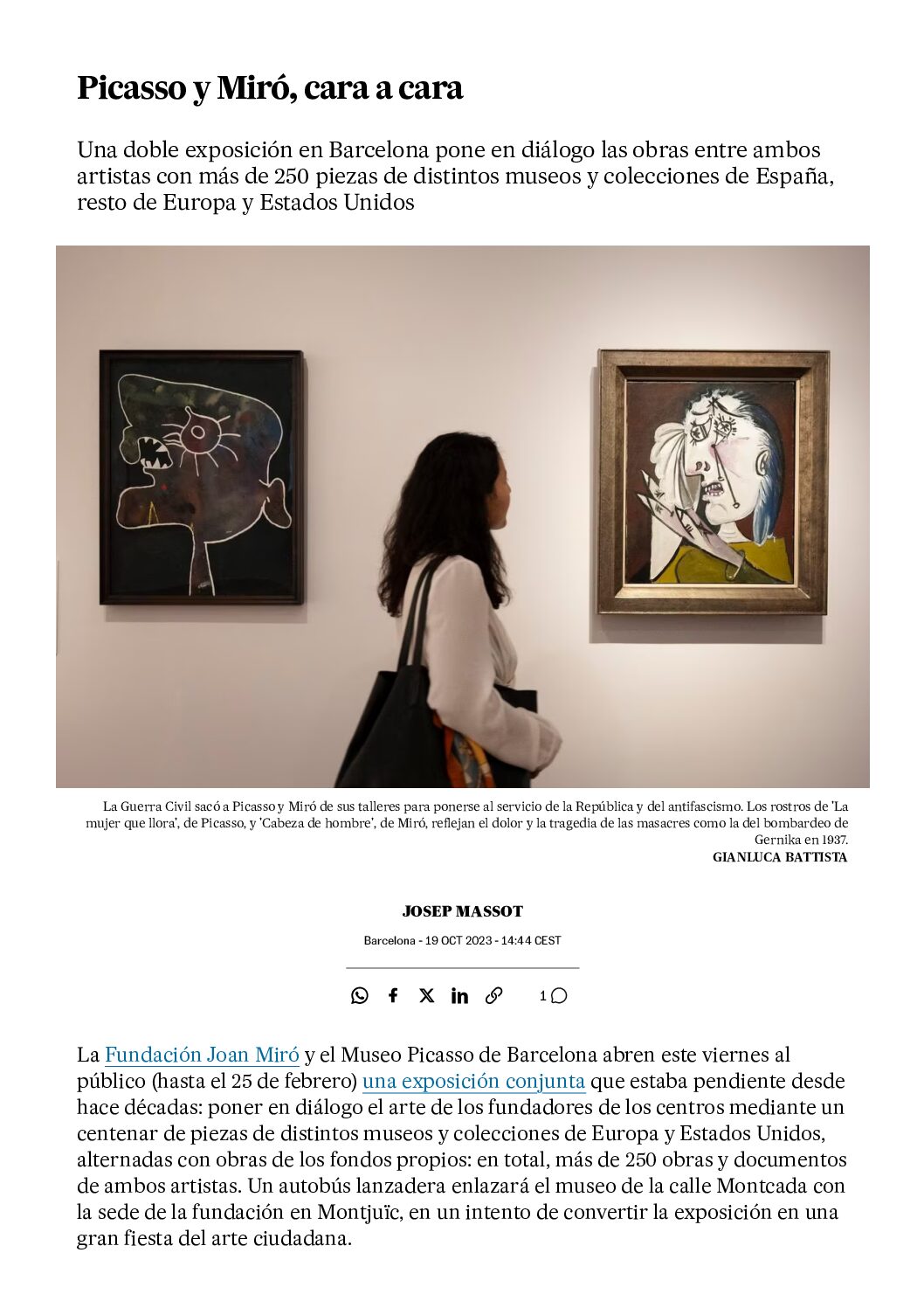 Josep Massot:  Picasso y Miró, cara a cara